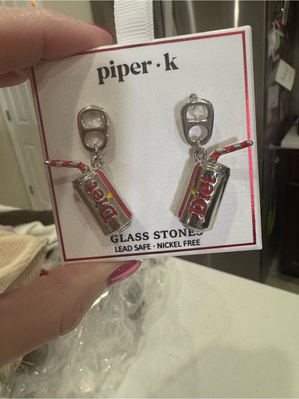 Piper.k Silver Soda Can Dangle Earrings with Red Accents